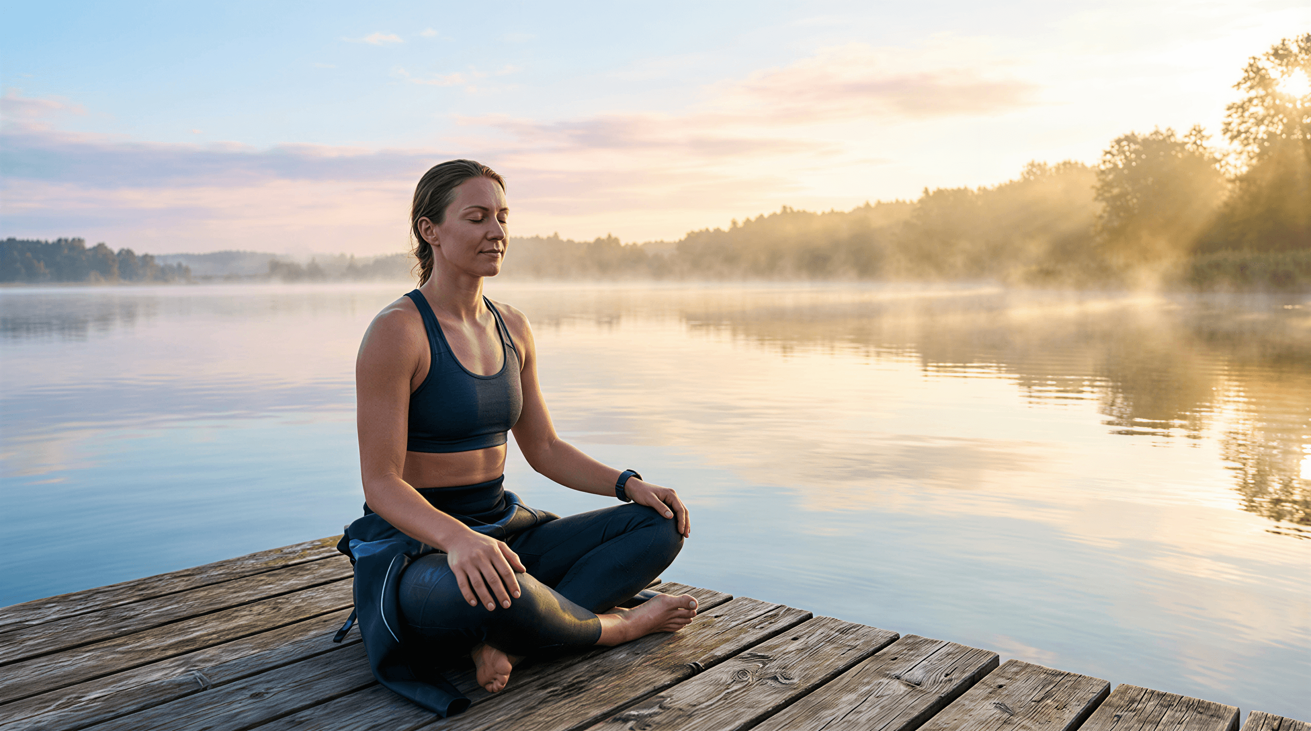 Athlete meditation at dawn