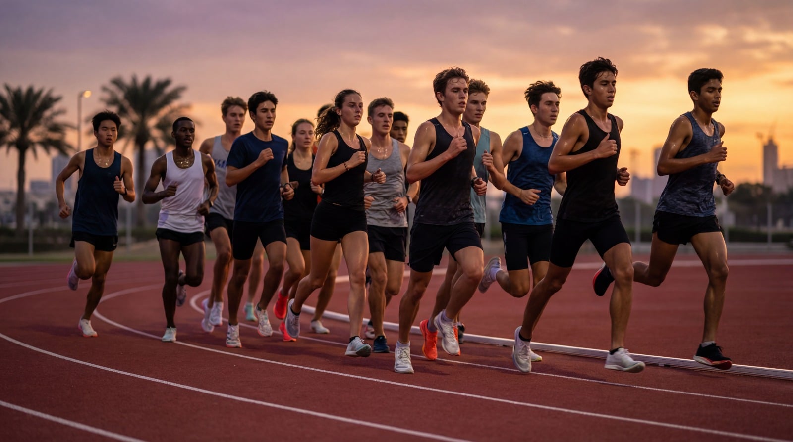 Athletes running at sunrise on track